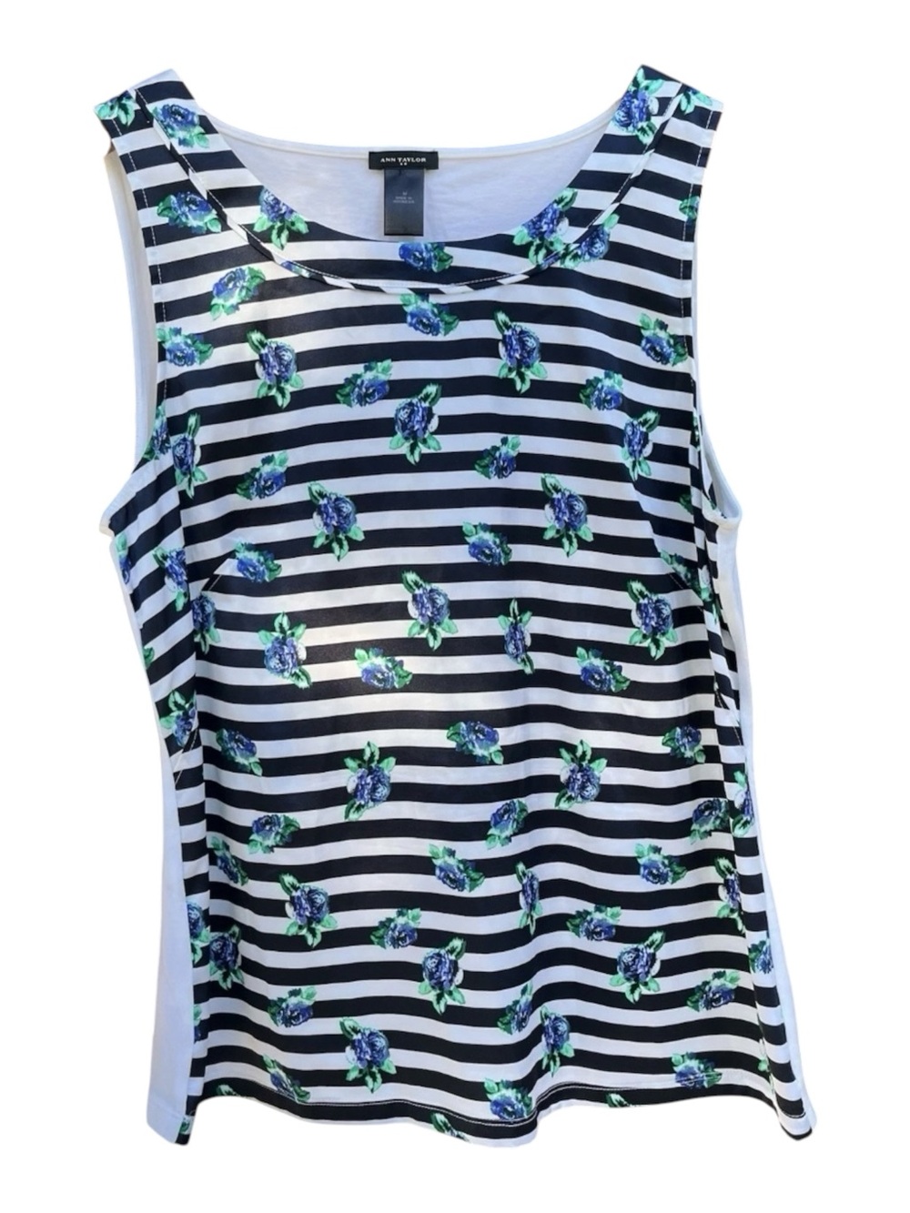 Ann Taylor Striped Floral Tank Top Medium Sleeveless Coastal Grandmother Preppy